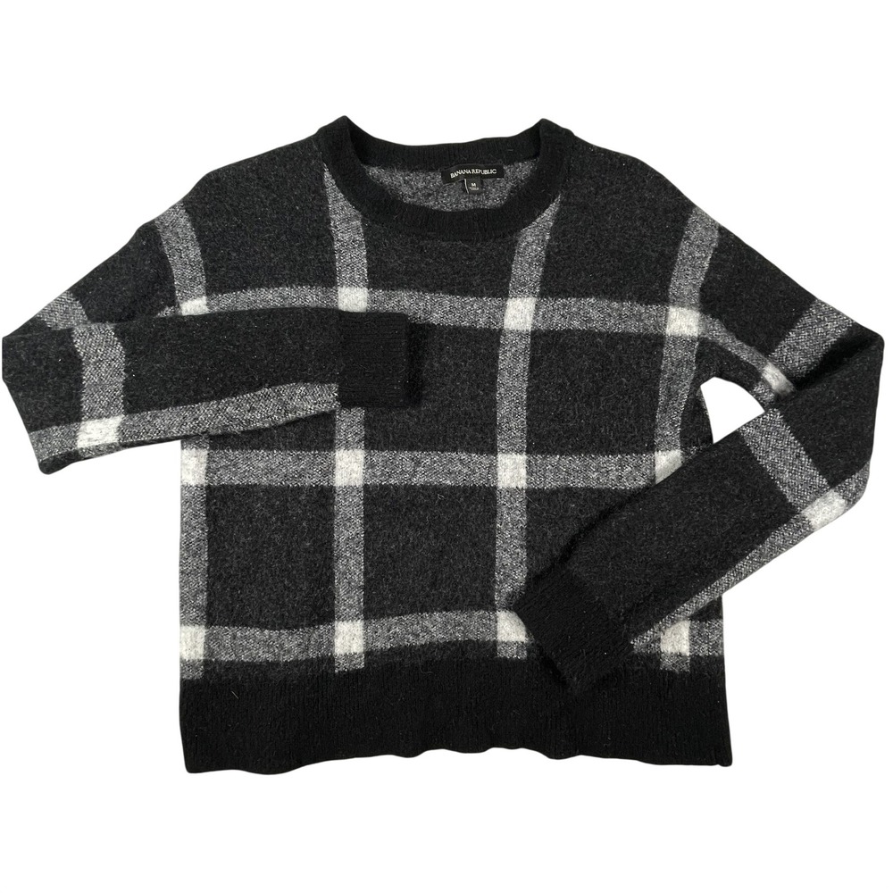 Banana Republic Sweater Women M Black White Plaid Pullover Wool Blend Knit